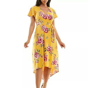 NWT BCX Womens Juniors Yellow Floral Surplice High Low Day Maxi Dress MEDIUM